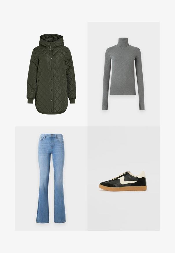 Casaco comprido olive green acolchoado com capuz, botões de pressão e punhos canelados. Apresenta um tecido liso e texturizado com padrão de diamante.; Camisola de gola alta cinza feita de um tecido liso e elástico. Mangas compridas, design ajustado, textura mínima, sem padrões ou acessórios visíveis.; Jenas azul claro em corte flare com cintura média, design clássico de cinco bolsos e desbotamento suave ao longo das pernas. Textura de tecido de denim.; Sapatilha em camurça e couro pretos com um swoosh lateral em creme e um calcanhar em creme claro. Apresenta atacadores bege e uma sola de borracha tipo gum.