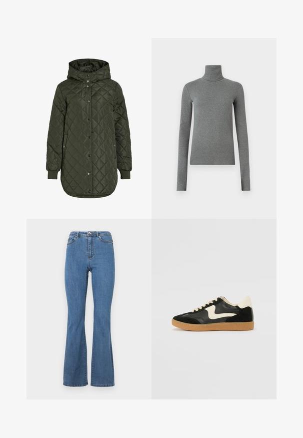 Padded, dolgi olivno zeleni plašč s kapuco, s pritrdilnimi gumbi in rebrastimi manšetami. Ima gladko, teksturirano blago z diamantskim vzorcem.; Siva turtleneck majica narejena iz gladkega, raztegljivega materiala. Dolgi rokavi, prilegajoča zasnova, minimalna tekstura, brez vidnih vzorcev ali okovja.; Modri široki kavbojki iz denima, z visokim pasom, kontrastnim šivanjem in enojnim gumbom na sprednji strani.; Črne semiš in usnjene superge s kremasto stransko puščico in svetlo kremasto peto. Imajo bež čipke in gumijast podplat.