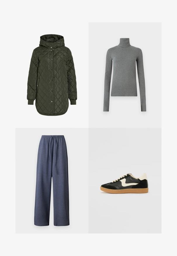 Quilted, long olive green jacket with a hood, snap buttons, and ribbed cuffs. Features a smooth, textured fabric with diamond pattern.; Gray turtleneck shirt made of smooth, stretchy fabric. Long sleeves, fitted design, minimal texture, with no visible patterns or hardware.; Wide-leg pants in navy blue, featuring a textured fabric, elastic waistband, and adjustable drawstring. No pockets visible.; Black suede and leather sneaker with a cream side swoosh and light cream heel. Features beige laces and a gum rubber outsole.