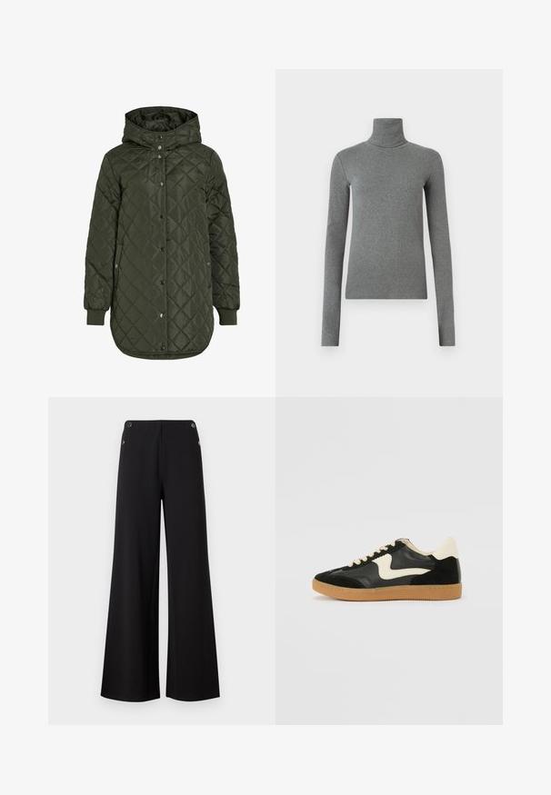 Šviesiai žalia, ilga, quilted striukė su gobtuvu, snap mygtukais ir išilgiais rankovėmis. Siūlo lygią, tekstūruotą medžiagą su deimanto raštu.; Pilkas golfas, pagamintas iš lygaus, elastingo audinio. Ilgos rankovės, prilipęs dizainas, minimali tekstūra, be matomų raštų ar metalinių detalių.; Juodos plačios kojų kelnės, pagamintos iš lygaus audinio, su aukso spalvos mygtukų akcentais juosmens srityje ir švariu, minimalistiniu dizainu.; Juodos zomšo ir odos sportinės bateliai su kreminiu šoniniu swoosh ir šviesiai kreminiu kulnu. Ypatybės - smėlio spalvos raišteliai ir guminis padas.