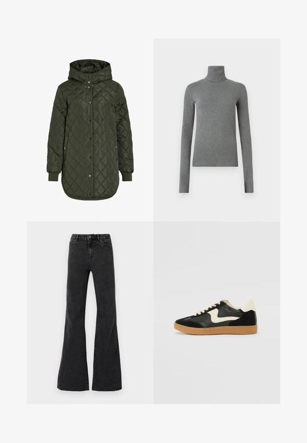 Quilted, long olive green jacket with a hood, snap buttons, and ribbed cuffs. Features a smooth, textured fabric with diamond pattern.; Gray turtleneck shirt made of smooth, stretchy fabric. Long sleeves, fitted design, minimal texture, with no visible patterns or hardware.; Black flared jeans made from denim, featuring a high waist, front pockets, and visible seams. Smooth texture with a slight sheen.; Black suede and leather sneaker with a cream side swoosh and light cream heel. Features beige laces and a gum rubber outsole.