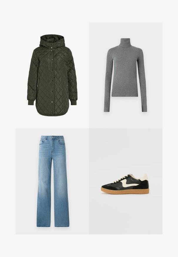 Prešívaná, dlhá olivovo zelená bunda s kapucňou, patentnými gombíkmi a rebrovanými manžetami. Má hladkú, štruktúrovanú tkaninu s diamantovým vzorom.; Sivý rolák vyrobený z hladkej, elastickej látky. Dlhé rukávy, priliehavý strih, minimálna textura, bez viditeľných vzorov alebo hardvéru.; Svetlomodré džínsy s vysokým pásom a rovnými nohavicami. Vyrobené z denimu, majú päť vreciek a zapínanie na gombíky.; Čierne semišové a kožené tenisky s krémovým bočným prešívaním a svetlo krémovou pätou. Obsahujú béžové šnúrky a podošvu z gumeného kaučuku.