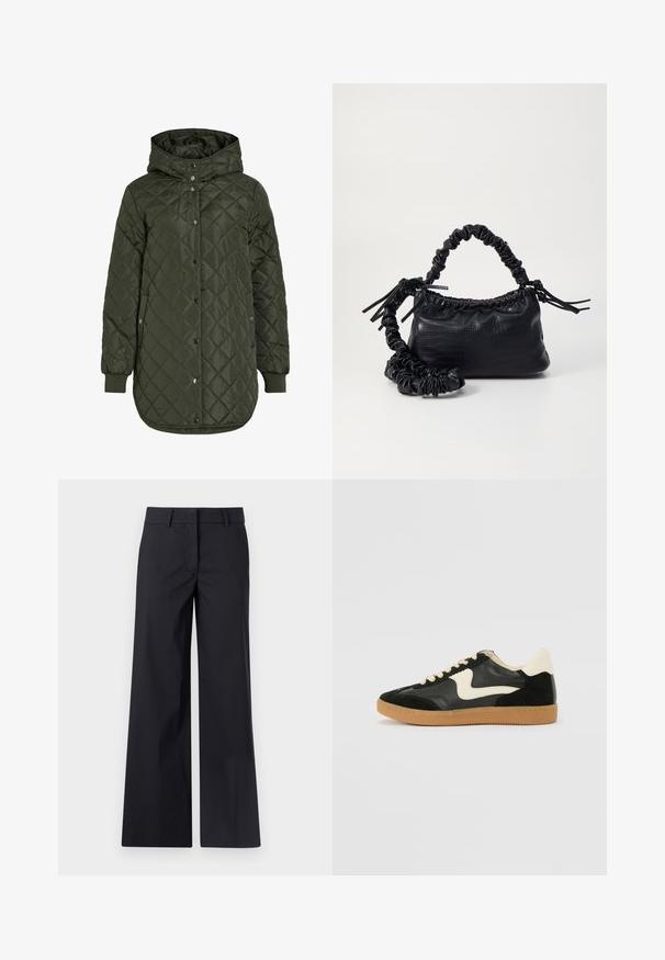 Gevoerde, lange olijfgroene jas met een capuchon, drukknoopsluiting en geribde manchetten. Kenmerkt zich door een gladde, gestructureerde stof met een ruitpatroon.; Grijze coltrui gemaakt van gladde, rekbare stof. Lange mouwen, aansluitend ontwerp, minimale textuur, zonder zichtbare patronen of hardware.; Zwarte wijde pantalon gemaakt van katoenmix stof. Kenmerkt zich door een rechte voorkant, riemlussen en zijzakken. Vloeiende textuur, op maat gemaakt ontwerp.; Zwarte suède en leren sneaker met een crèmekleurige zij-swoosh en lichte crèmekleurige hiel. Voorzien van beige veters en een gumrubberen zool.; Zwarte nepleer handtas met een krokodillenstructuur, opgedroogde bovenkant en een gekreukte hengsel. Het lijkt zacht en compact van ontwerp.