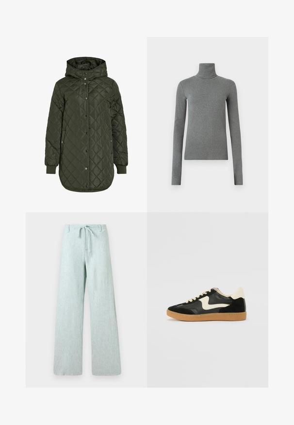 Klassiska, garņota, ilga olīvzaļā jaka ar kapuci, spiedpogu aizdari un ribotām piedurknēm. Iezīmējas ar gludu, strukturētu audumu ar dimanta rakstu.; Pelēka uzvalka krekliņa ar augstu apkakli, izgatavots no gludas, elastīgas auduma. Garas piedurknes, pielāgota forma, minimāla tekstūra, bez redzamām rakstām vai aparatūras.; Gaiši zaļas platās kājas bikses, izgatavotas no teksturēta auduma. Aprīkotas ar velkamo jostu un pogu aizdari, ar vertikālām svītrām visā garumā.; Melna zamšāda un ādas sporta apavi ar krēmkrāsas sānu svītru un gaiši krēmkrāsas papēdi. Ar beigu krāsas auklām un gumijas zole.