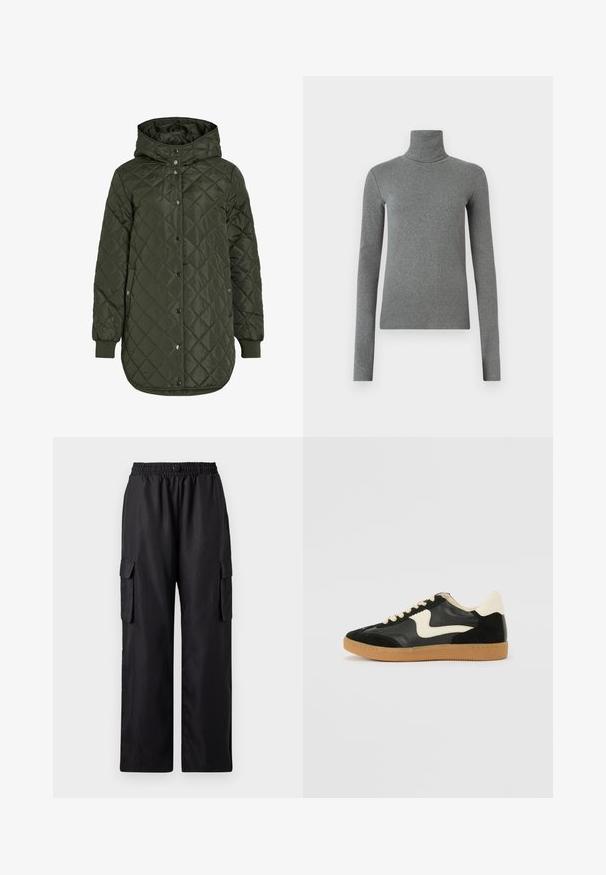 Prošívaná dlouhá olivově zelená bunda s kapucí, patentkami a žebrovanými manžetami. Má hladký, texturovaný materiál s diamantovým vzorem.; Šedý rolák vyrobený z hladké, elastické tkaniny. Dlouhé rukávy, přiléhavý střih, minimální textura, bez viditelných vzorů nebo kovových prvků.; Černé cargo kalhoty s elastickým pasem, dvěma bočními kapsami a volným, širokým střihem. Vyrobeny z hladkého, lehkého materiálu.; Černé semišové a kožené tenisky s krémovým postranním swooshem a světlým krémovým podpatkem. Mají béžové tkaničky a podešev z gumové pryže.