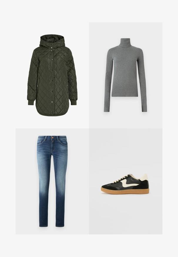 Padded, dolgi olivno zeleni plašč s kapuco, s pritrdilnimi gumbi in rebrastimi manšetami. Ima gladko, teksturirano blago z diamantskim vzorcem.; Siva turtleneck majica narejena iz gladkega, raztegljivega materiala. Dolgi rokavi, prilegajoča zasnova, minimalna tekstura, brez vidnih vzorcev ali okovja.; Usnje skinny jeans iz denima, s prelivom modre barve od temne do svetle. Oblika petih žepov z zadrgo in kovinsko gumbom. Gladka tekstura.; Črne semiš in usnjene superge s kremasto stransko puščico in svetlo kremasto peto. Imajo bež čipke in gumijast podplat.