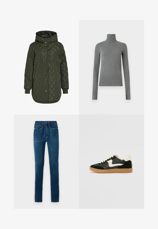 Šviesiai žalia, ilga, quilted striukė su gobtuvu, snap mygtukais ir išilgiais rankovėmis. Siūlo lygią, tekstūruotą medžiagą su deimanto raštu.; Pilkas golfas, pagamintas iš lygaus, elastingo audinio. Ilgos rankovės, prilipęs dizainas, minimali tekstūra, be matomų raštų ar metalinių detalių.; Tamsiai mėlynos džinsinės kelnės su tiesiu kojų kirpimu, turinčios sagos užsegimą, diržo kilpas bei klasikines priekines ir galines kišenes.; Juodos zomšo ir odos sportinės bateliai su kreminiu šoniniu swoosh ir šviesiai kreminiu kulnu. Ypatybės - smėlio spalvos raišteliai ir guminis padas.