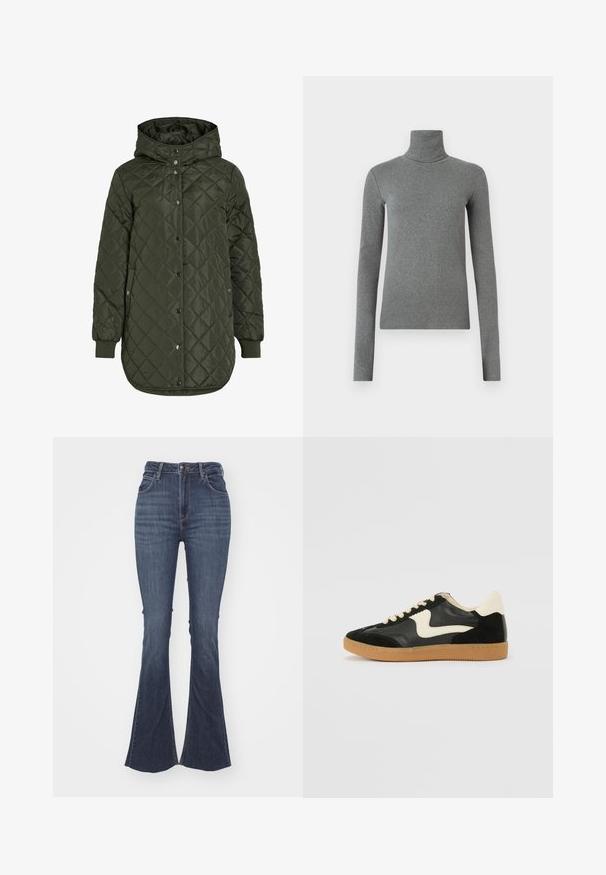 Quilted, long olive green jacket with a hood, snap buttons, and ribbed cuffs. Features a smooth, textured fabric with diamond pattern.; Gray turtleneck shirt made of smooth, stretchy fabric. Long sleeves, fitted design, minimal texture, with no visible patterns or hardware.; High-waisted dark blue flared jeans made from denim, featuring a front button closure, five pockets, and a smooth, textured finish.; Black suede and leather sneaker with a cream side swoosh and light cream heel. Features beige laces and a gum rubber outsole.