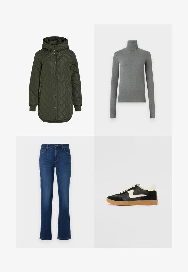 Padded, dolgi olivno zeleni plašč s kapuco, s pritrdilnimi gumbi in rebrastimi manšetami. Ima gladko, teksturirano blago z diamantskim vzorcem.; Siva turtleneck majica narejena iz gladkega, raztegljivega materiala. Dolgi rokavi, prilegajoča zasnova, minimalna tekstura, brez vidnih vzorcev ali okovja.; Temno modri džins hlače s ravnim nogavicami, ki imajo pet žepov, zadrgo in kontrastno rumeno šivanje ob šivih.; Črne semiš in usnjene superge s kremasto stransko puščico in svetlo kremasto peto. Imajo bež čipke in gumijast podplat.