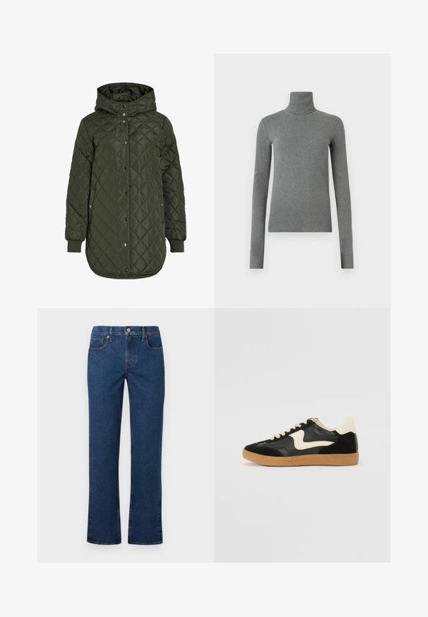 Padded, dolgi olivno zeleni plašč s kapuco, s pritrdilnimi gumbi in rebrastimi manšetami. Ima gladko, teksturirano blago z diamantskim vzorcem.; Siva turtleneck majica narejena iz gladkega, raztegljivega materiala. Dolgi rokavi, prilegajoča zasnova, minimalna tekstura, brez vidnih vzorcev ali okovja.; Temno modri ravni traper hlače z gumbom in zadrgo, sprednjimi in žepom za kovance ter zankami za pas, prikazane na ravni beli podlagi.; Črne semiš in usnjene superge s kremasto stransko puščico in svetlo kremasto peto. Imajo bež čipke in gumijast podplat.