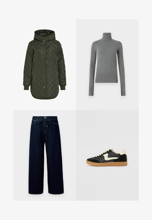 Quilted, long olive green jacket with a hood, snap buttons, and ribbed cuffs. Features a smooth, textured fabric with diamond pattern.; Gray turtleneck shirt made of smooth, stretchy fabric. Long sleeves, fitted design, minimal texture, with no visible patterns or hardware.; Dark blue wide-leg jeans made of denim, featuring a front button closure and a drawstring waist, with contrasting stitching details.; Black suede and leather sneaker with a cream side swoosh and light cream heel. Features beige laces and a gum rubber outsole.