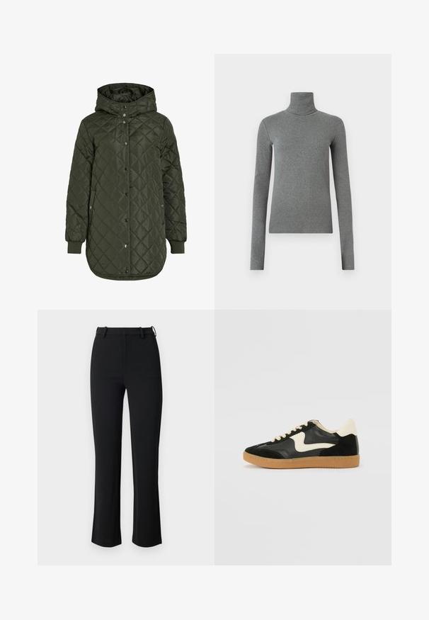 Töltött, hosszú, olíva zöld dzseki kapucnival, patentgombokkal és bordázott mandzsettákkal. Simább, textúrával rendelkező anyag jellemzi, amely gyémánt mintázatú.; Szürke, sima, rugalmas anyagból készült garbós póló. Hosszú ujjú, testhez simuló kialakítás, minimális textúrával, látható minták vagy fém alkatrészek nélkül.; Fekete nadrág sima, rugalmas anyagból, illeszkedő derékkal, övhurkokkal és enyhén bővülő lábakkal, oldalhasítékokkal.; Fekete velúr és bőr sneaker, krém színű oldalsó swoosh-sal és világos krém színű sarokkal. Beigézett fűzőkkel és gumi talppal rendelkezik.