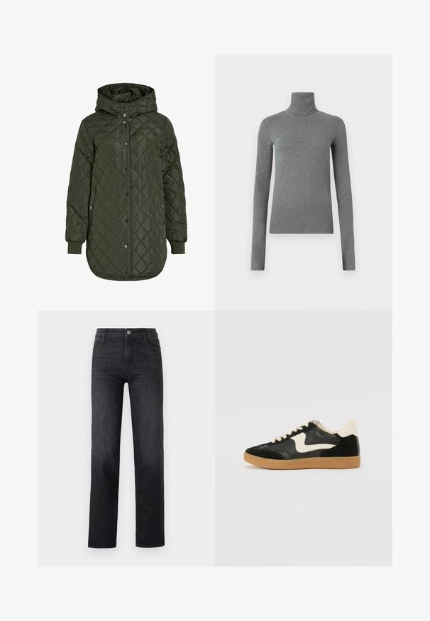 Šviesiai žalia, ilga, quilted striukė su gobtuvu, snap mygtukais ir išilgiais rankovėmis. Siūlo lygią, tekstūruotą medžiagą su deimanto raštu.; Pilkas golfas, pagamintas iš lygaus, elastingo audinio. Ilgos rankovės, prilipęs dizainas, minimali tekstūra, be matomų raštų ar metalinių detalių.; Juodos džinsinės kelnes su tiesių kojų dizainu, su priekiniais mygtukais ir penkiomis kišenėmis. Audinys turi lygų paviršių.; Juodos zomšo ir odos sportinės bateliai su kreminiu šoniniu swoosh ir šviesiai kreminiu kulnu. Ypatybės - smėlio spalvos raišteliai ir guminis padas.