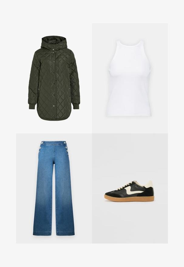 Klassiska, garņota, ilga olīvzaļā jaka ar kapuci, spiedpogu aizdari un ribotām piedurknēm. Iezīmējas ar gludu, strukturētu audumu ar dimanta rakstu.; Balta bezpiedurkņu topiņš no ribotā auduma, ar noapaļotu kakla izgriezumu un pieguļošu siluetu, ar minimālām šuvēm un bez rotājumiem.; Platākā kāju zila denima bikses ar augsto jostasvietu, pogām sānos un tīru apakšmalu. Audumam ir gluda tekstūra ar nelielu izbalēšanu.; Melna zamšāda un ādas sporta apavi ar krēmkrāsas sānu svītru un gaiši krēmkrāsas papēdi. Ar beigu krāsas auklām un gumijas zole.