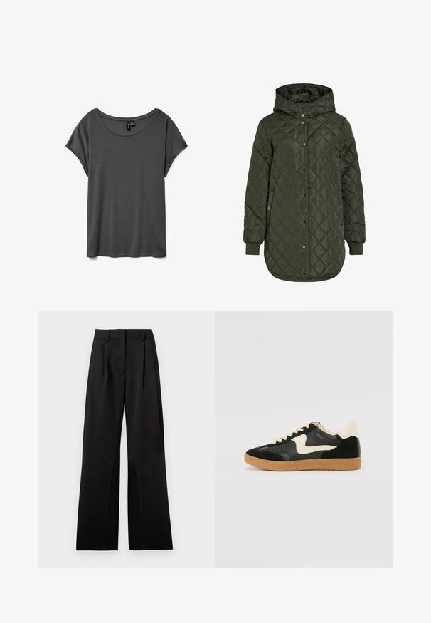 Prošívaná dlouhá olivově zelená bunda s kapucí, patentkami a žebrovanými manžetami. Má hladký, texturovaný materiál s diamantovým vzorem.; Šedé tričko s krátkým rukávem, širokým kulatým výstřihem, měkkou tkaninou a volným střihem. Žádné viditelné vzory ani akcenty. Hladká textura.; Černé kalhoty s širokými nohavicemi a hladkým povrchem, s předními záhyby, plochým pasem a poutky na opasek. Jednoduchý, elegantní design.; Černé semišové a kožené tenisky s krémovým postranním swooshem a světlým krémovým podpatkem. Mají béžové tkaničky a podešev z gumové pryže.
