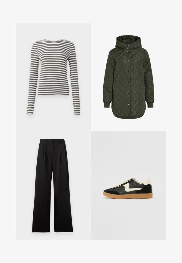 Casaco comprido olive green acolchoado com capuz, botões de pressão e punhos canelados. Apresenta um tecido liso e texturizado com padrão de diamante.; Camisola de mangas longas em verde oliva com riscas brancas. Textura canelada, gola redonda e formato ajustado. Sem hardware ou acabamentos visíveis.; Calças largas pretas com uma textura suave, apresentando pregas frontais, uma cintura plana e passantes para cinto. Design simples e estruturado.; Sapatilha em camurça e couro pretos com um swoosh lateral em creme e um calcanhar em creme claro. Apresenta atacadores bege e uma sola de borracha tipo gum.