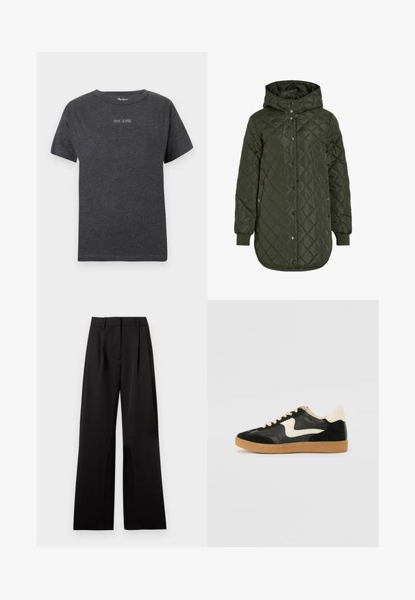 V quilting, pitkä oliivinvihreä takki, jossa on huppu, nepparit ja ribbineulehihansuut. Takissa on sileä teksturoitu kangas, jossa on timantin muotoinen kuvio.; T-paita tummanharmaana, lyhyillä hihoilla, jossa on "PEPE JEANS" -teksti pienillä valkoisilla kirjaimilla keskellä rintaa ja pyöreä kaula-aukko.; Mustat leveät housut, joissa on sileä pinta, etupleikit, litteä vyötärö ja vyölenkit. Yksinkertainen, räätälöity muotoilu.; Mustat mokka- ja nahkakengät, joissa on kermaisen valkoinen sivupainatus ja vaalea kermaisine kantapää. Varustettu beigeillä nauhoilla ja kumista valmistetulla ulkopohjalla.