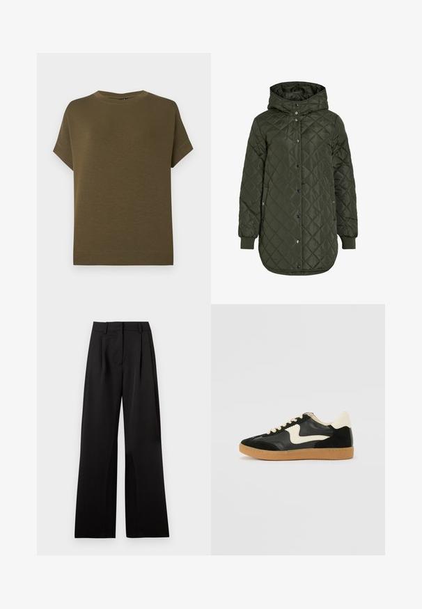 Gevoerde, lange olijfgroene jas met een capuchon, drukknoopsluiting en geribde manchetten. Kenmerkt zich door een gladde, gestructureerde stof met een ruitpatroon.; Olijfgroene t-shirt met korte mouwen gemaakt van zacht, textuurstof. Heeft een ronde hals en een rechte zoom zonder versieringen.; Zwarte wijde broek met een soepele textuur, voorzien van voorplooien, een platte tailleband en riemlussen. Eenvoudig, op maat gemaakt ontwerp.; Zwarte suède en leren sneaker met een crèmekleurige zij-swoosh en lichte crèmekleurige hiel. Voorzien van beige veters en een gumrubberen zool.