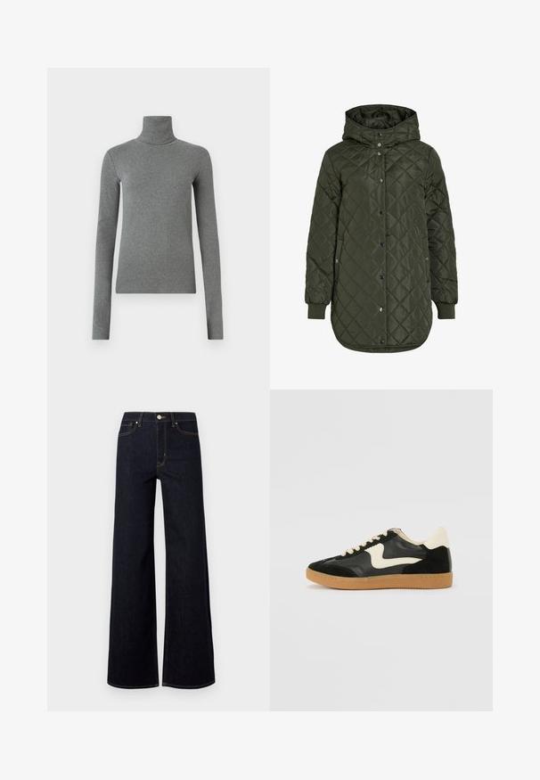 Geacă lungă matlasată de culoare verde măsliniu, cu glugă, nasturi tip snap și manșete ribbed. Prezintă un material neted, texturat cu un model în romb.; Cămașă turtleneck gri, dintr-un material neted și elastic. Mâneci lungi, design ajustat, textură minimă, fără modele sau accesorii vizibile.; Blugi largi de culoare albastru închis, din denim, cu talie înaltă, cusături contrastante și un singur buton metalic în față.; Tenisi din suede și piele negri cu un swoosh lateral de culoare crem și călcâi de un crem deschis. Prezintă șireturi bej și o talpă din rubber de tip gum.