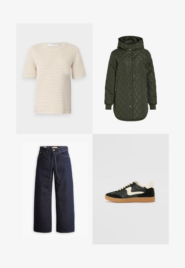 Quiltet, lang olivengrøn jakke med hætte, trykknapper og ribbede manchetter. Har et glat, struktureret stof med diamantmønster.; Strik bluse med korte ærmer i off-white, prydet med et struktureret mønster, rund halsudskæring og ribbede ærmer for ekstra struktur.; Bredde ben mørkeblå denim jeans med høj talje, der har snoretræk, fem lommer og kontrastsyet detaljer.; Sorte ruskinds- og lædersneakers med en cremefarvet side-swoosh og lys cremefarvet hæl. Har beige snørebånd og en gummirubber-sål.