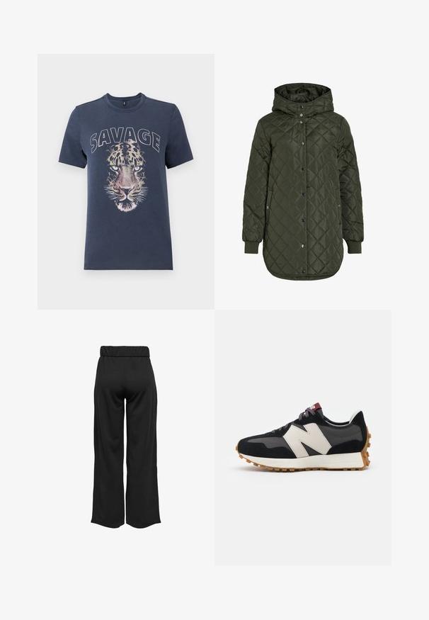 Quilted, long olive green jacket with a hood, snap buttons, and ribbed cuffs. Features a smooth, textured fabric with diamond pattern.; Navy blue cotton t-shirt featuring a large printed leopard face with "SAVAGE" text above, crew neck, and short sleeves.; Black, wide-leg pants with an elastic waistband, made from smooth fabric. Features a clean design with no pockets or visible stitching details.; Black and gray suede sneaker with a large cream-colored "N" logo, purple laces, and a textured gum rubber outsole.