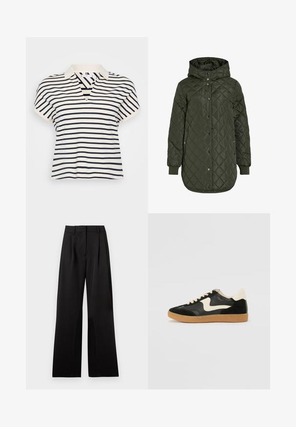 Veste longue olive verte matelassée avec capuche, boutons-pression et poignets côtelés. Dotée d'un tissu lisse et texturé avec un motif en losanges.; Polo à manches courtes rayé avec un décolleté en V, en bleu marine et crème, en coton doux, et un design de col classique.; Pantalon large noir avec une texture lisse, comportant des plis avant, une taille plate et des passants de ceinture. Design simple et tailleur.; Baskets en daim et cuir noir avec un swoosh latéral crème et un talon crème clair. Dotées de lacets beige et d'une semelle en caoutchouc gomme.