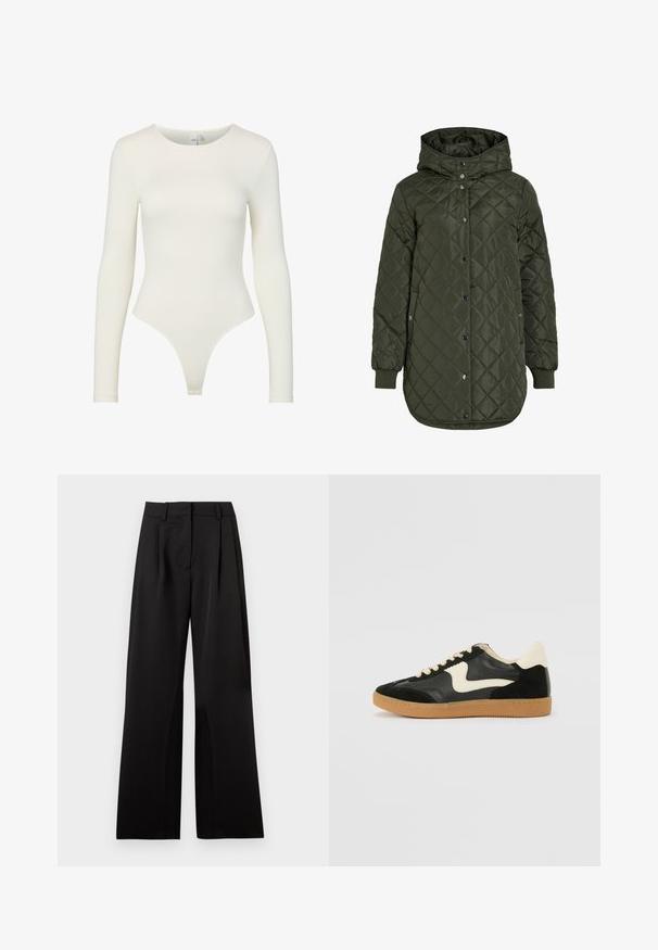 Kurtka pikowana w kolorze oliwkowym, długa, z kapturem, zatrzaskami i ściągaczami na mankietach. Posiada gładką, fakturowaną tkaninę w wzór diamentowy.; Body z długim rękawem w kremowym kolorze, wykonane z gładkiego materiału. Posiada okrągły dekolt oraz majtki typu thong, dopasowany krój i brak zapięć.; Czarne spodnie o szerokich nogawkach z gładką fakturą, z podwójnymi zakładkami z przodu, płaskim paskiem w talii i szlufkami na pasek. Prosty, dopasowany fason.; Czarne zamszowe i skórzane sneakersy z kremowym boku i jasnokremowym piętą. Posiada beżowe sznurowadła i gumową podeszwę.