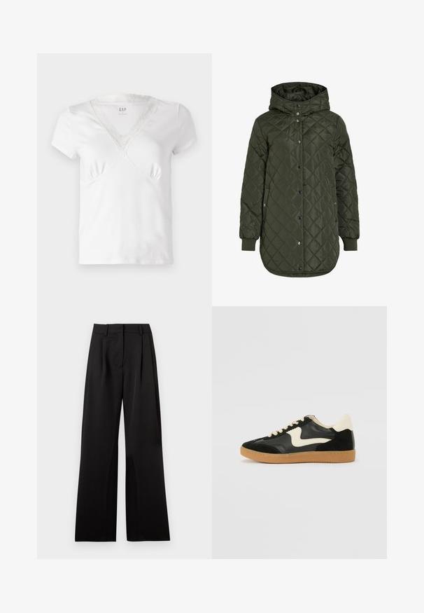 Kurtka pikowana w kolorze oliwkowym, długa, z kapturem, zatrzaskami i ściągaczami na mankietach. Posiada gładką, fakturowaną tkaninę w wzór diamentowy.; Biały t-shirt z krótkim rękawem i dekoltem w serek, ozdobiony koronkową lamówką wzdłuż dekoltu oraz delikatnym marszczeniem na biuście. Wykonany z miękkiej bawełny.; Czarne spodnie o szerokich nogawkach z gładką fakturą, z podwójnymi zakładkami z przodu, płaskim paskiem w talii i szlufkami na pasek. Prosty, dopasowany fason.; Czarne zamszowe i skórzane sneakersy z kremowym boku i jasnokremowym piętą. Posiada beżowe sznurowadła i gumową podeszwę.