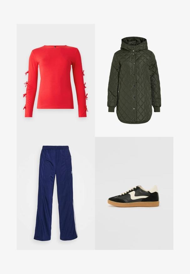 Kurtka pikowana w kolorze oliwkowym, długa, z kapturem, zatrzaskami i ściągaczami na mankietach. Posiada gładką, fakturowaną tkaninę w wzór diamentowy.; Czerwona koszulka z długim rękawem, wykonana z miękkiej bawełny, zawiązywana na rękawach, z okrągłym dekoltem i dopasowanym krojem.; Granatowe spodnie sportowe z elastycznym pasem, prostymi nogawkami i bocznymi zamkami. Posiadają białe lamówki po bokach. Gładka faktura materiału.; Czarne zamszowe i skórzane sneakersy z kremowym boku i jasnokremowym piętą. Posiada beżowe sznurowadła i gumową podeszwę.