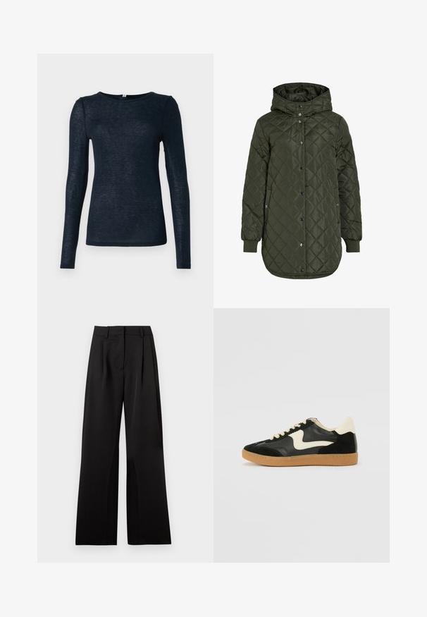 V quilting, pitkä oliivinvihreä takki, jossa on huppu, nepparit ja ribbineulehihansuut. Takissa on sileä teksturoitu kangas, jossa on timantin muotoinen kuvio.; Pitkähiha, tummansininen paita, valmistettu kevyestä, hieman teksturoituneesta kankaasta, jossa on pyöreä kaula-aukko ja istuva muoto.; Mustat leveät housut, joissa on sileä pinta, etupleikit, litteä vyötärö ja vyölenkit. Yksinkertainen, räätälöity muotoilu.; Mustat mokka- ja nahkakengät, joissa on kermaisen valkoinen sivupainatus ja vaalea kermaisine kantapää. Varustettu beigeillä nauhoilla ja kumista valmistetulla ulkopohjalla.