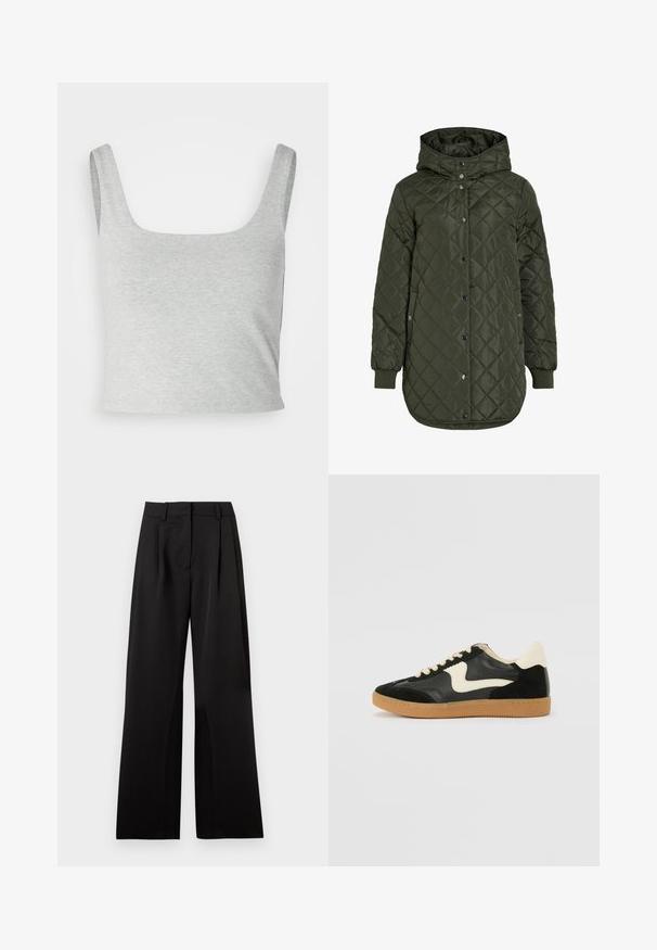 Quiltet, lang olivengrøn jakke med hætte, trykknapper og ribbede manchetter. Har et glat, struktureret stof med diamantmønster.; Grå cropped tanktop med brede stropper, firkantet halsudskæring og en blød, glat tekstur. Enkel design uden yderligere mønstre eller detaljer.; Sorte bukser med brede ben og en glat tekstur, der har frontvickninger, en flad talje og bæltestropper. Enkel, skræddersyet design.; Sorte ruskinds- og lædersneakers med en cremefarvet side-swoosh og lys cremefarvet hæl. Har beige snørebånd og en gummirubber-sål.