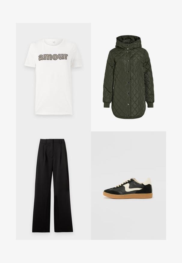 Quilted, long olive green jacket with a hood, snap buttons, and ribbed cuffs. Features a smooth, textured fabric with diamond pattern.; White cotton t-shirt featuring "amour" text in a leopard print design. Short sleeves and a round neckline. Lightweight and casual fit.; Black wide-leg trousers with a smooth texture, featuring front pleats, a flat waistband, and belt loops. Simple, tailored design.; Black suede and leather sneaker with a cream side swoosh and light cream heel. Features beige laces and a gum rubber outsole.