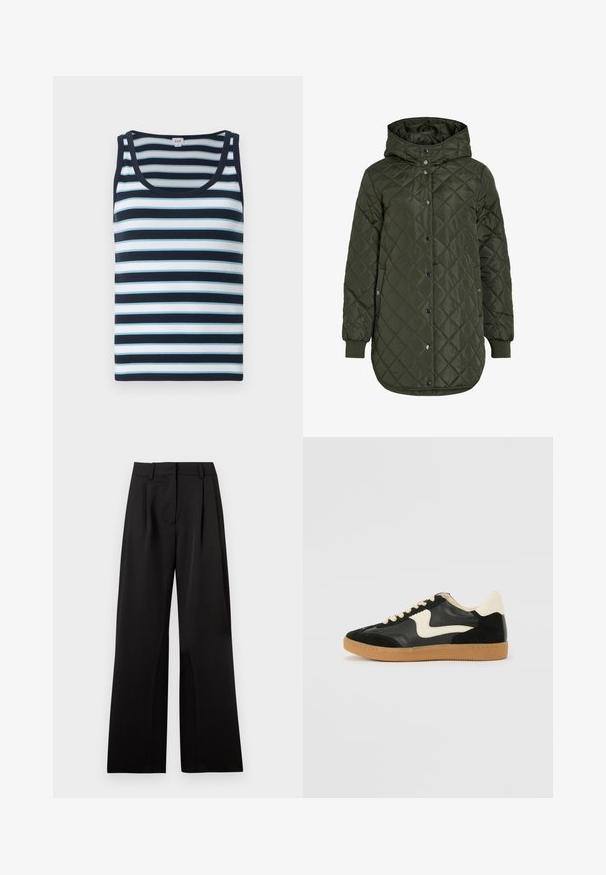 Padded, dolgi olivno zeleni plašč s kapuco, s pritrdilnimi gumbi in rebrastimi manšetami. Ima gladko, teksturirano blago z diamantskim vzorcem.; Črtasta majica brez rokavov v temno modri in svetlo modri barvi. Ponaša se z ribasto teksturo, okroglo izrezom in širokimi naramnicami.; Črne široke hlače z gladko teksturo, ki imajo sprednje naborke, ravno pasno obrobo in zanke za pas. Preprost, krojen dizajn.; Črne semiš in usnjene superge s kremasto stransko puščico in svetlo kremasto peto. Imajo bež čipke in gumijast podplat.