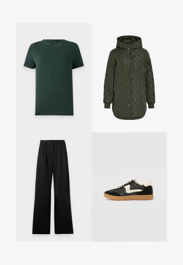 Quilted, long olive green jacket with a hood, snap buttons, and ribbed cuffs. Features a smooth, textured fabric with diamond pattern.; Dark green short-sleeve t-shirt with a crew neck, made from a soft, smooth fabric. Features rolled cuffs and a relaxed fit.; Black wide-leg trousers with a smooth texture, featuring front pleats, a flat waistband, and belt loops. Simple, tailored design.; Black suede and leather sneaker with a cream side swoosh and light cream heel. Features beige laces and a gum rubber outsole.