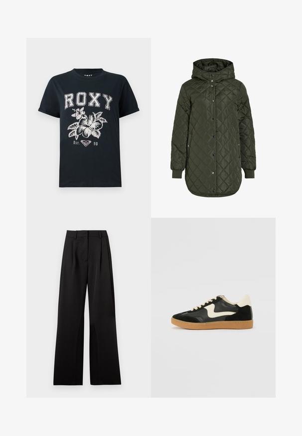 Töltött, hosszú, olíva zöld dzseki kapucnival, patentgombokkal és bordázott mandzsettákkal. Simább, textúrával rendelkező anyag jellemzi, amely gyémánt mintázatú.; Fekete pamut póló, amelyen a "ROXY" felirat fehér színben, virágmintával és szív szimbólummal található. Rövid ujjú és laza szabású.; Fekete, széles szárú nadrág, sima textúrával, elülső redőkkel, lapos derékkal és övhurkokkal. Egyszerű, szabott kialakítás.; Fekete velúr és bőr sneaker, krém színű oldalsó swoosh-sal és világos krém színű sarokkal. Beigézett fűzőkkel és gumi talppal rendelkezik.