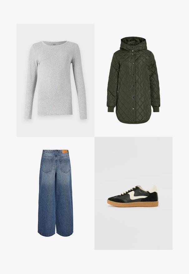 Gevoerde, lange olijfgroene jas met een capuchon, drukknoopsluiting en geribde manchetten. Kenmerkt zich door een gladde, gestructureerde stof met een ruitpatroon.; Grijze langjarige T-shirt gemaakt van zachte katoen. Heeft een ronde halslijn en een getailleerde pasvorm. Eenvoudig, naadloos ontwerp zonder patronen.; Brede denim culottes in een middelblauwe wassing met een vervaagde textuur, voorzien van twee achterzakken en een bruine leren merklabel op de tailleband.; Zwarte suède en leren sneaker met een crèmekleurige zij-swoosh en lichte crèmekleurige hiel. Voorzien van beige veters en een gumrubberen zool.