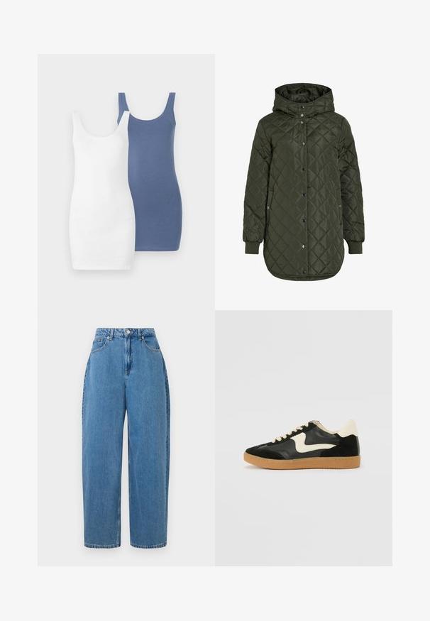 Kurtka pikowana w kolorze oliwkowym, długa, z kapturem, zatrzaskami i ściągaczami na mankietach. Posiada gładką, fakturowaną tkaninę w wzór diamentowy.; Dwie sukienki typu tank, jedna biała i jedna niebieska, wykonane z miękkiego, rozciągliwego materiału, z dekoltem w kształcie łódki i dopasowanym krojem.; Jasnoniebieskie dżinsowe spodnie o prostym kroju, wysokim stanie i zapięciu na guzik z przodu. Posiadają pięć kieszeni i minimalne detale szycia.; Czarne zamszowe i skórzane sneakersy z kremowym boku i jasnokremowym piętą. Posiada beżowe sznurowadła i gumową podeszwę.