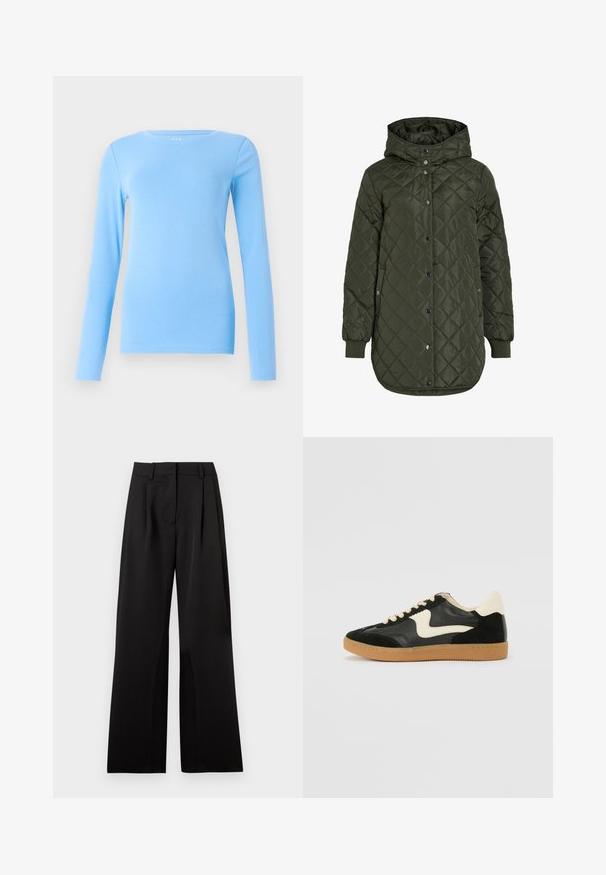 Gestepptes, langes olivgrünes Jacket mit Kapuze, Druckknöpfen und gerippten Bündchen. Verfügt über einen glatten, strukturierten Stoff mit Rautenmuster.; GAP CREW - Langarmshirt - union blue; Schwarze, weit geschnittene Hose mit glatter Textur, die Vorderfalten, einen flachen Bund und Gürtelschlaufen aufweist. Einfaches, tailliertes Design.; Schwarze Wildleder- und Leder-Sneaker mit einem cremefarbenen Seiten-Swoosh und einer hellcremefarbenen Ferse. Ausgestattet mit beige Schnürsenkeln und einer Gummilaufsohle.