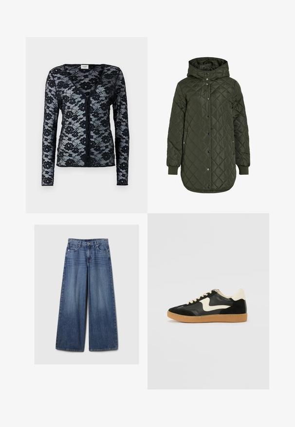 Quilted, long olive green jacket with a hood, snap buttons, and ribbed cuffs. Features a smooth, textured fabric with diamond pattern.; Black lace cardigan with long sleeves, V-neck, and floral pattern. Features button closure and a sheer, delicate texture.; Wide-leg blue denim jeans with a faded finish, featuring a button and zipper closure, five pockets, and belt loops.; Black suede and leather sneaker with a cream side swoosh and light cream heel. Features beige laces and a gum rubber outsole.