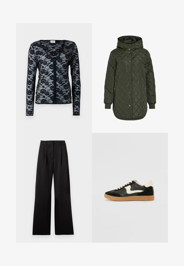 Šviesiai žalia, ilga, quilted striukė su gobtuvu, snap mygtukais ir išilgiais rankovėmis. Siūlo lygią, tekstūruotą medžiagą su deimanto raštu.; Juoda nėrinių kardiganas su ilgomis rankovėmis, V formos iškirpte ir gėlių raštu. Turi mygtukų užsegimą ir permatomą, subtilią tekstūrą.; Juodos plačios kelnės su lygiu paviršiumi, su priekinėmis klostėmis, platu liemenu ir dirželių kilpomis. Paprastas, sutvarkytas dizainas.; Juodos zomšo ir odos sportinės bateliai su kreminiu šoniniu swoosh ir šviesiai kreminiu kulnu. Ypatybės - smėlio spalvos raišteliai ir guminis padas.