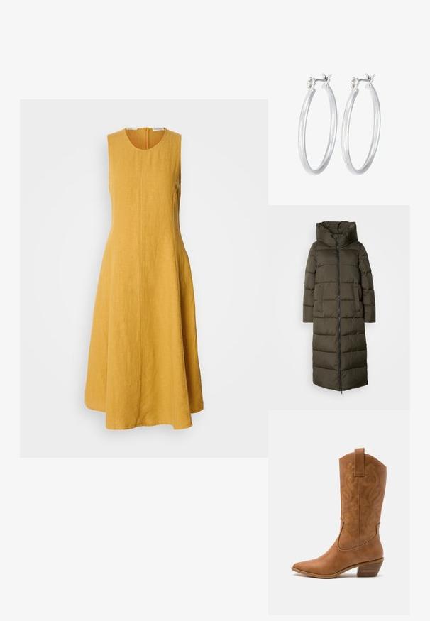 Dlouhá, olivově zelená péřová bunda s kapucí, se zipem vpředu, bočními kapsami a prošívaným designe. Měkká textura, střední délka.; Bezramenné žluté lněné šaty s kulatým výstřihem, rozšířeným A-liniovým střihem a skrytým zipem na zadní straně; texturovaná tkanina s měkkým povrchem.; Hnědé kožené kovbojské boty s špičatou špičkou, vyšívanými spirálovými vzory na štítech a s blokovým podpatkem. Obsahují poutko pro snadné obouvání.; Stříbrné kruhové náušnice s hladkým, lesklým povrchem. Kulatý tvar a bezpečné zapínání na klip. Lehký design vhodný pro každodenní nošení.
