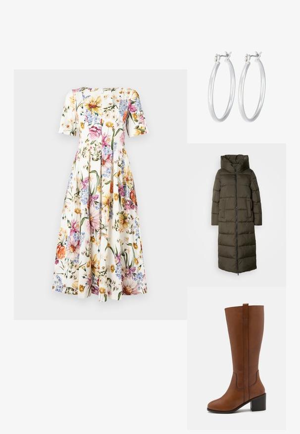 Cappotto puffer lungo color verde oliva con cappuccio, dotato di chiusura con zip, tasche laterali e design trapuntato. Texture morbida, lunghezza media.; Abito con motivo floreale e maniche corte; presenta uno sfondo bianco con fiori colorati in rosa, giallo e blu; design della gonna plissettata.; Stivale marrone in pelle fino al ginocchio con punta arrotondata, cuciture laterali e tacco a blocco. Caratterizzato da un pratico linguetta sul retro per facilitare la calzata.; Orecchini a cerchio in argento con una finitura liscia e lucida. Forma rotonda e chiusura a scatto sicura. Design leggero adatto per l'uso quotidiano.