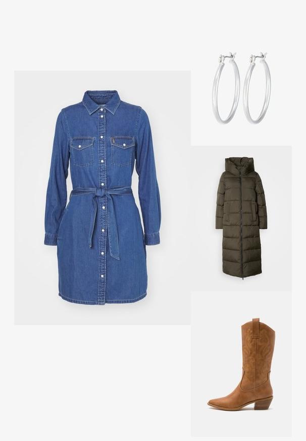 Dolga, olivno zelena puhovka s kapuco, ki ima zadrgo spredaj, stranske žepke in pikčasto zasnovo. Mehka tekstura, srednje dolžine.; Denim obleka, temno modra, z gumbi spredaj, z nazobčanim ovratnikom, dolgimi rokavi, dvema žepoma na prsih, s tkanim pasom, vezanim v pasu, gladka tekstura.; Rjavi usnjeni kauboj čevlji s koničastim nosom, vezenimi vijugastimi vzorci na zgornjem delu in zloženim kvadratnim peto. Imajo zanko za enostavno obuvanje.; Srebrni obroči za ušesa z gladko, polirano površino. Okrogla oblika in varna zaponka s klikom. Lahka zasnova, primerna za vsakodnevno nošenje.