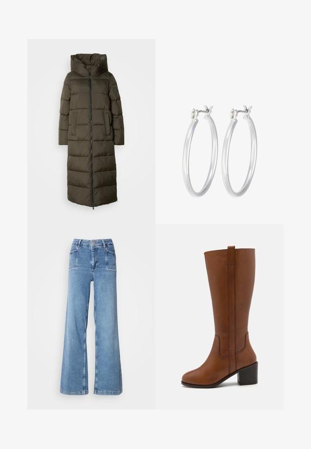 Pikk, oliivroheline puffer-jakk kapuutsiga, millel on lukk ees, küljetaskud ja tikandmuster. Pehme tekstuur, keskelt pikk.; Lilla pikkhihaline sweatshirt pikemate varrukatega, soonikkoes sääregaas ja hem, väike detail esikaelusel ning must silt vasakul varrukal.; Heledad helesinine laiade jalgadega teksapüksid, mis on valmistatud denimist, kõrge vöökoha, viie tasku ja tikanditega külgedel ja allääres.; Prune nahkased sõrmkingad, millel on ümar varvas, külgmine õmblus ja plokkkonts. Omab tagumist tõmbetaba lihtsaks selga panemiseks.; Hõbedased rõngaskõrvarõngad, millel on sile, läikiv viimistlus. Ümmargune kuju ja turvaline klõpsulatus. Kerge disain, sobib igapäevaseks kandmiseks.
