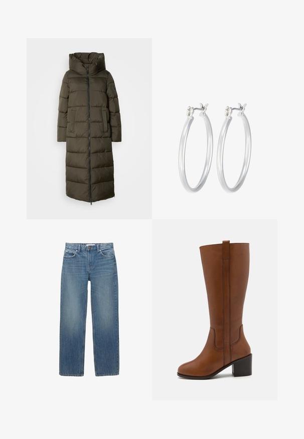 Lange, olijfgroene gewatteerde jas met een capuchon, voorzien van een ritssluiting aan de voorkant, zijzakken en een gewatteerd ontwerp. Zachte structuur, middellange lengte.; Beige gebreide trui met een ronde halslijn, lange mouwen en geribde zoom. Zacht, textuurstof met een relaxed fit.; Lichtblauwe denim jeans met een rechte snit, vijf zakken en koperen hardware. De stof heeft een lichte vervaging en een gladde textuur.; Bruine leren kniehooglaars met een ronde neus, zijsteppen en een blokhak. Voorzien van een achterste lus voor gemakkelijke aan- en uittrekken.; Zilveren oorbellen in de vorm van een gladde, gepolijste ring. Ronde vorm met een veilige kliksluiting. Lichtgewicht ontwerp, geschikt voor dagelijks gebruik.