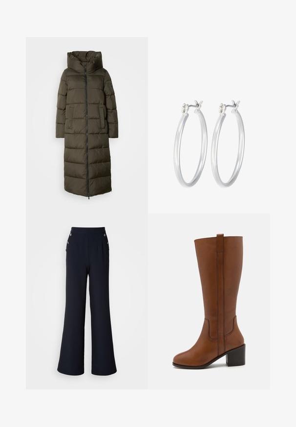 Garšs, olīvzaļš pūkains mētelis ar kapuci, ar rāvējslēdzēju priekšā, sānu kabatām un quilted dizainu. Mīksta tekstūra, vidēja garuma.; Gaiši rozā adīts džemperis ar apaļu dekoltēju, raglāna piedurknēm un ribotām aprocēm. Tekstūra ir mīksta ar brīvu piegriezumu un minimālu apdari.; Jūras spēku stilā wide-leg bikses ar augstu jostas vietu, kurām ir zelta pogu akcenti un piegriezums priekšpusē. Gluda tekstūra un pielāgota piegriezuma forma.; Brūni ādas augstās zābaki līdz ceļgaliem ar noapaļotu purngali, sānu šuvēm un bloku papēdi. Iespēlē aizmugurē ērti uzvelkams cilpiņa.; Sudraba riņķveida auss gredzeni ar gludu, pulētu apdari. Apaļa forma un drošs klikšķa augšējais slēgums. Viegls dizains, kas piemērots ikdienas valkāšanai.