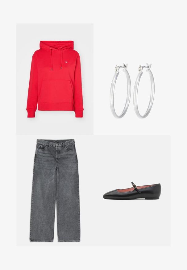 Manteau d'hiver long, vert olive, avec capuche, doté d'une fermeture éclair à l'avant, de poches latérales et d'un design matelassé. Texture douce, longueur mi-longue.; GANT SHIELD HOODIE - Sweat à capuche - bright red; Jeans large en denim gris foncé. Comprend une taille haute, un design à cinq poches et une fermeture à bouton à l'avant. Texture lisse avec un léger dégradé.; Chaussure plate en cuir noir avec un bout pointu et une sangle au niveau de la cheville, ornée d'une boucle en or. Texture lisse avec une finition légèrement brillante.; Boucles d'oreilles en argent avec une finition lisse et polie. Forme ronde et fermeture à clip sécurisée. Design léger adapté pour un port quotidien.