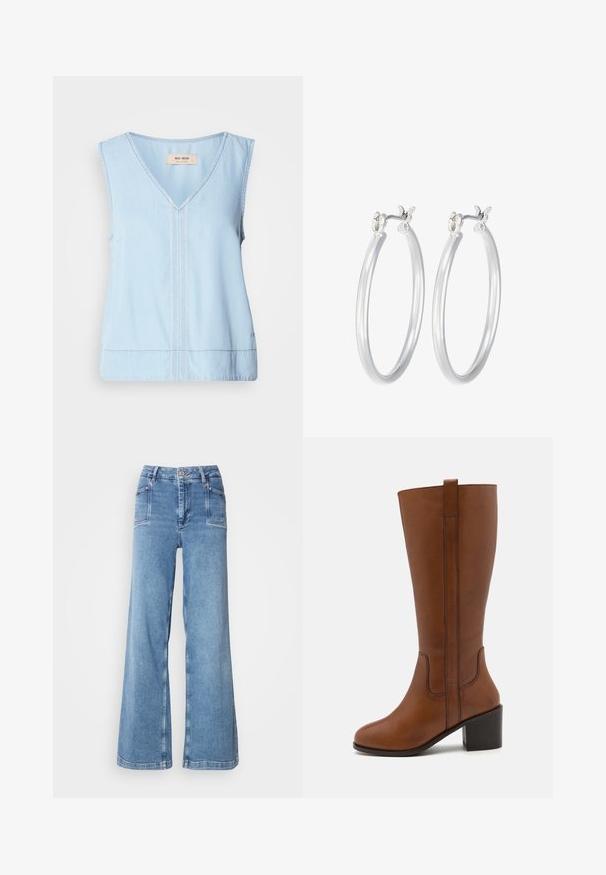 Lange, olijfgroene gewatteerde jas met een capuchon, voorzien van een ritssluiting aan de voorkant, zijzakken en een gewatteerd ontwerp. Zachte structuur, middellange lengte.; Lichtblauw mouwloos topje met een V-hals, met decoratieve stiksels middenvoor en een iets gebogen zoom.; Lichtblauwe wijde jeans van denim, met een hoge taille, vijf zakken en gestikte details langs de zijkanten en de zoom.; Bruine leren kniehooglaars met een ronde neus, zijsteppen en een blokhak. Voorzien van een achterste lus voor gemakkelijke aan- en uittrekken.; Zilveren oorbellen in de vorm van een gladde, gepolijste ring. Ronde vorm met een veilige kliksluiting. Lichtgewicht ontwerp, geschikt voor dagelijks gebruik.