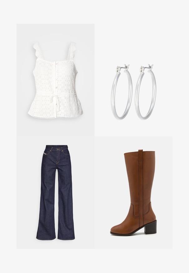 Długa, oliwkowozielona kurtka puchowa z kapturem, z zamkiem błyskawicznym z przodu, bocznymi kieszeniami i pikowanym wzorem. Miękka tekstura, średniej długości.; Biała koronka top z falbaniastymi ramiączkami, zapięcie na guziki z przodu, dół w kształcie peplum oraz regulowane wiązanie w pasie. Delikatny wzór kwiatowy na całej powierzchni.; Ciemnoniebieskie dżinsy szerokie w nogawkach wykonane z denimu, z wysokim stanem, z pomarańczowymi przeszyciami, pięcioma kieszeniami i zapięciem na guzik.; Brązowy skórzany but za kolano z okrągłym noskiem, bocznymi szwami i słupkowym obcasem. Posiada tylną pętelkę ułatwiającą zakładanie.; Srebrne kolczyki w formie kółek o gładkim, polerowanym wykończeniu. O okrągłym kształcie i pewnym zapięciu na klik. Lekka konstrukcja odpowiednia do codziennego noszenia.