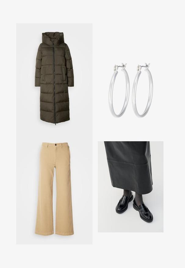 Duga, maslinasto zelena zimska jakna s kapuljačom, sa zatvaračem sprijeda, bočnim džepovima i kvadratnim uzorkom. Mekani materijal, srednje dužine.; Dvije bijele pamučne majice kratkih rukava, s okruglim izrezima i uskim krojem, s glatkom teksturom i minimalističkim dizajnom.; Bež hlače širokih nogavica od pamučne mješavine, s prednjim zatvaranjem na dugme, petljama za remen i ušivenim detaljima uz šavove.; Crne kožne mokasine s glatkom završnom obradom, s dekorativnom trakicom, okruglim vrhom i teksturiranom potplatom. Nosi se s dugom crnom kožnom suknjom.; Srebrne kružne naušnice s glatkom, poliranom površinom. Okrugli oblik i sigurno kopčanje na klik. Lagani dizajn pogodan za svakodnevno nošenje.